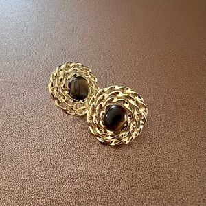 Gold-Tone Braided Swirl Tiger’s Eye Statement Earrings